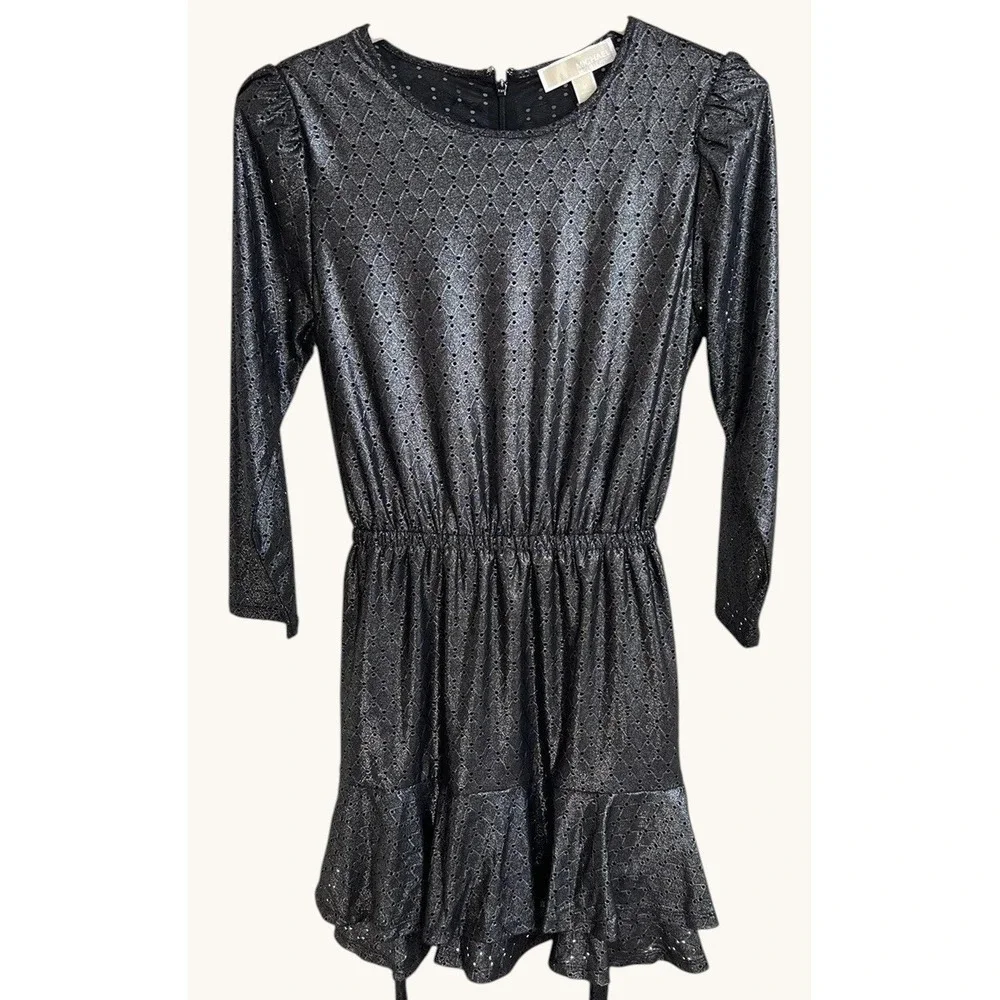 Michael Michael Kors Black‎ Metallic Eyelet Ruffle Mini Dress Womens M No Belt